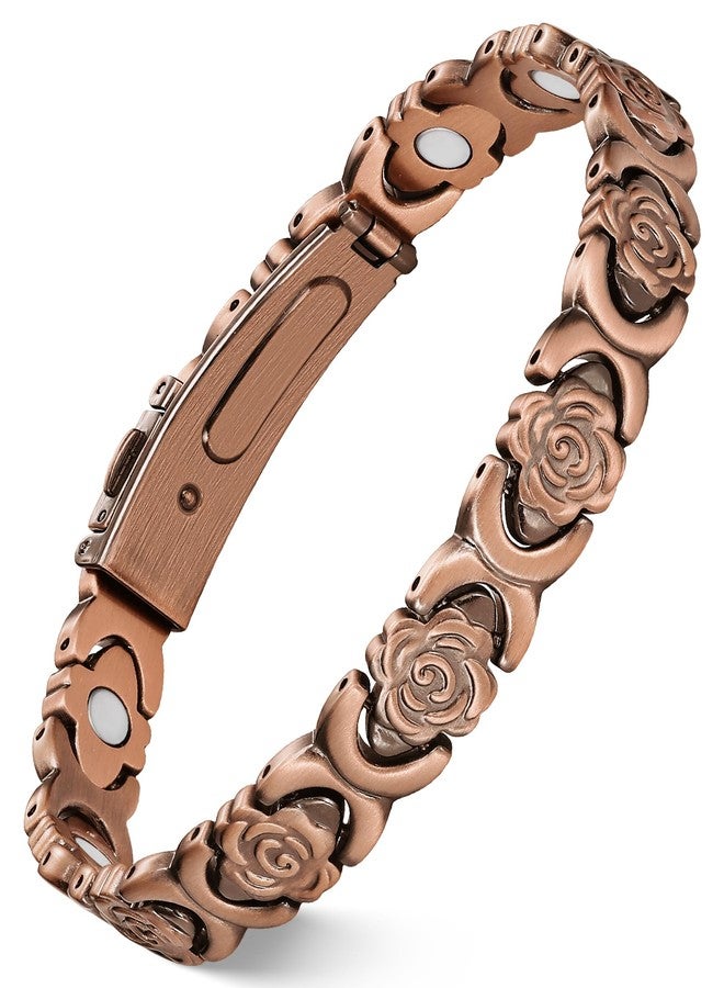 Feraco Pure Copper Bracelets for Women, Ultra Strength Magnetic Bracelet for Women with 3800 Gauss Magnet, Adjustable Flower Real Copper Jewelry Gift with Infinite Rose-Engraved (Copper) - Image 1