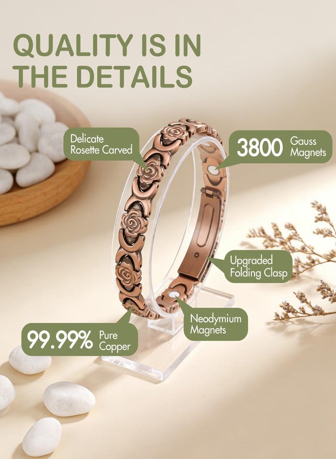 Feraco Pure Copper Bracelets for Women, Ultra Strength Magnetic Bracelet for Women with 3800 Gauss Magnet, Adjustable Flower Real Copper Jewelry Gift with Infinite Rose-Engraved (Copper) - Image 4