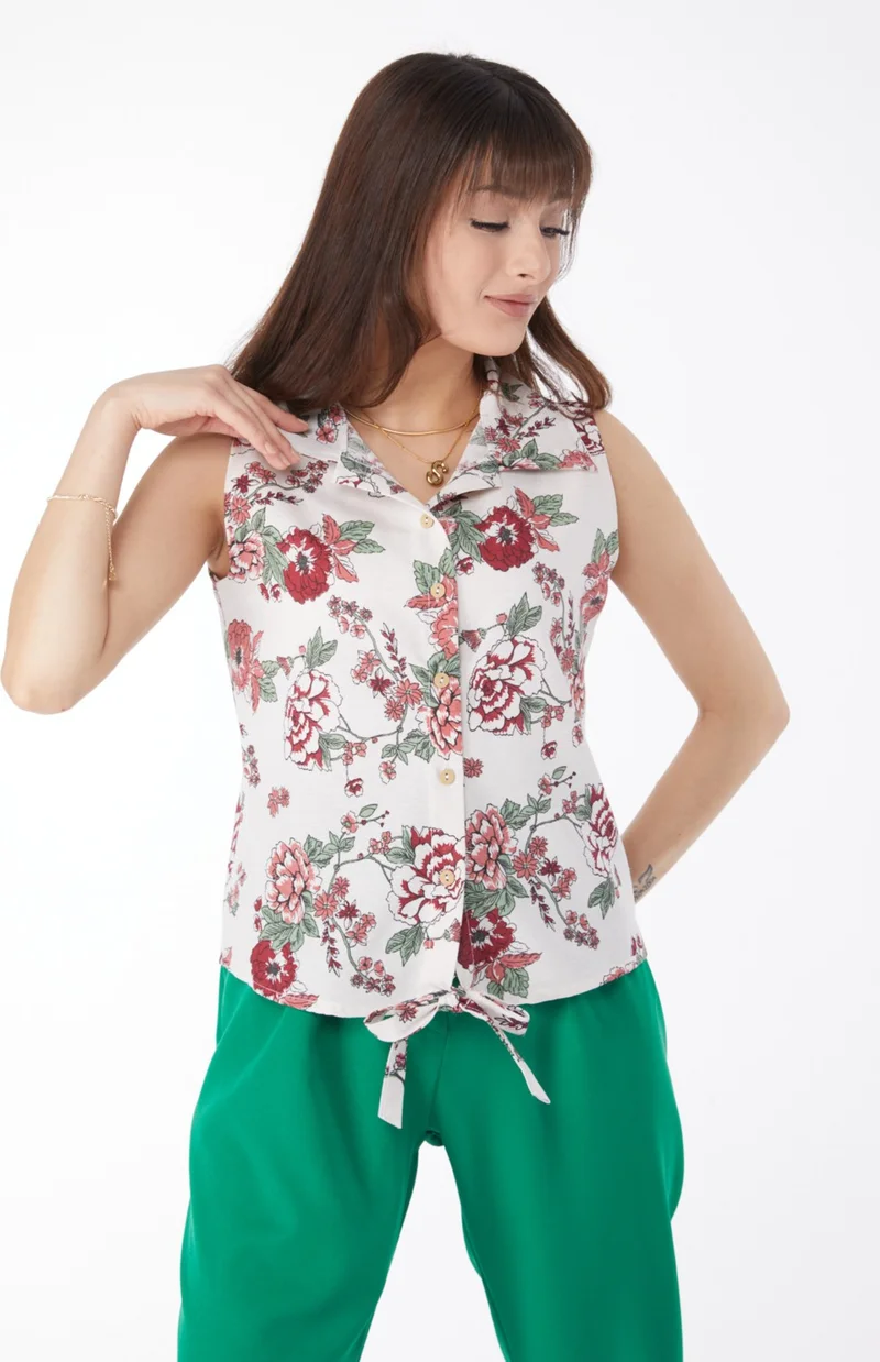 Tofisa Plain Shirt Collar Women Pink Waist Tie Patterned Shirt - 13152