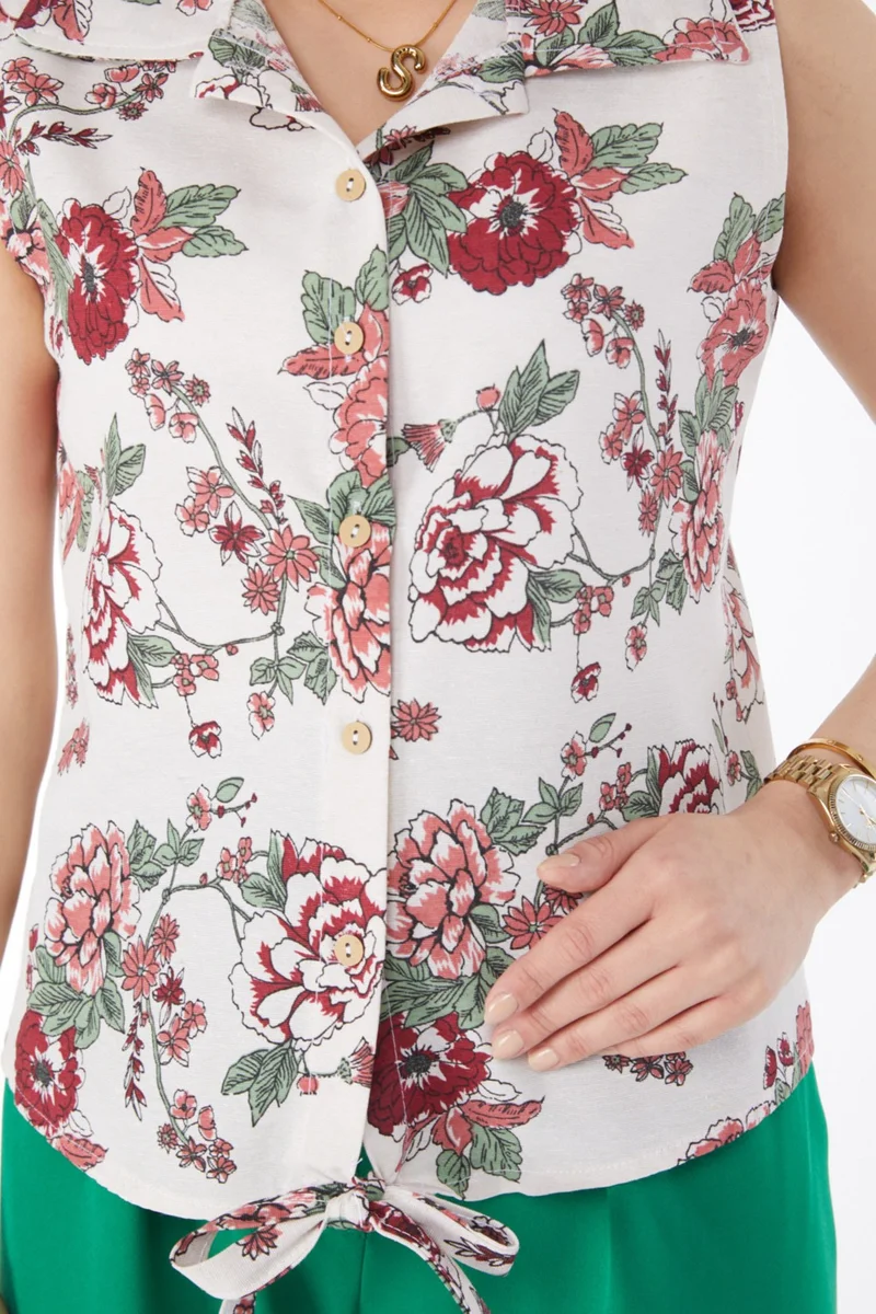 Tofisa Plain Shirt Collar Women Pink Waist Tie Patterned Shirt - 13152