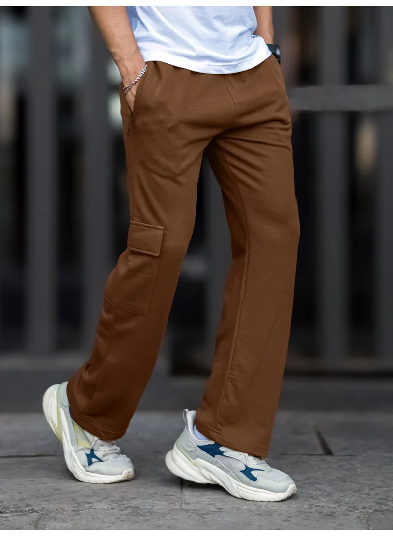 مانياك مانياك بنطلون كارغو رجالي واسع بقصة فضفاضة بلون بني سادة