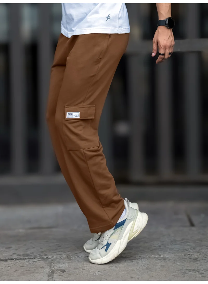 مانياك مانياك بنطلون كارغو رجالي واسع بقصة فضفاضة بلون بني سادة