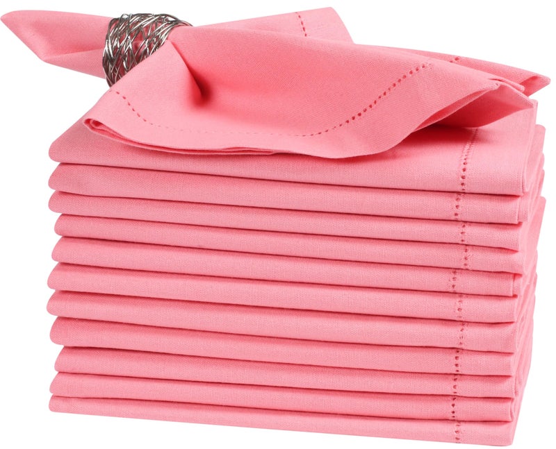 Bedding Craft Cotton Cloth Dinner Napkins Set of 12 18x18 Dianthus Pecan Hemstitched Reusable Machine Washable Fabric Napkins for Weddings Parties Everyday Dining