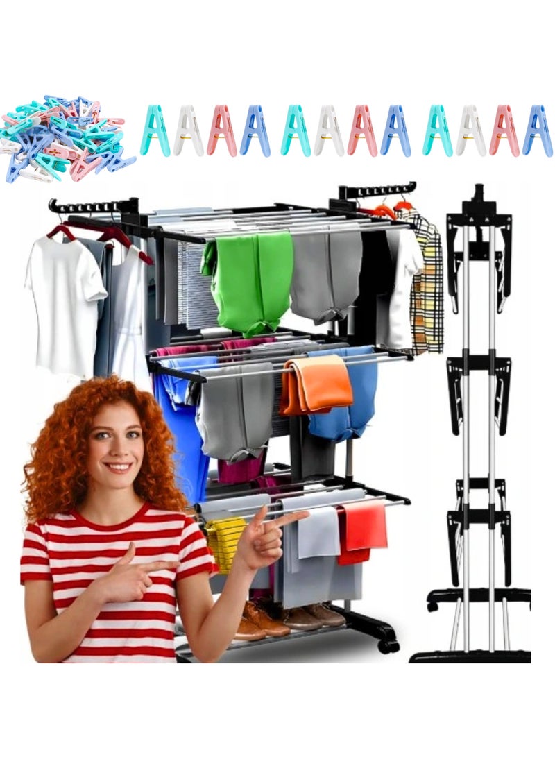Chase Up 3-Tier Multi-Purpose Garment Rack & Cloth Drying Stand – Foldable Heavy Duty Laundry Rack	Includes Integrated Cloth Clip Set for Socks & Small Items, Indoor & Outdoor Use - Image 1
