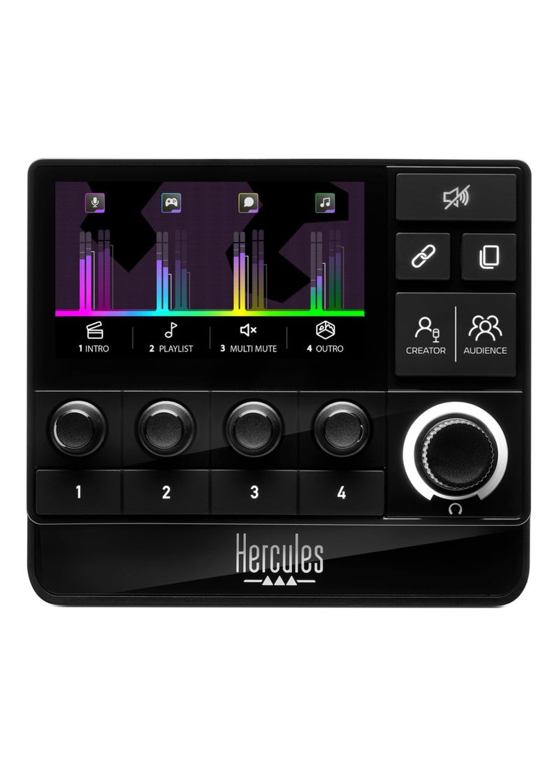 Hercules Stream 200 XLR، خلاط صوتي احترافي لمنشئي المحتوى المتقدمين، مع ميكروفون XLR مسبق التضخيم، وشاشة LCD، ومشفرات عالية الدقة، و4 أزرار عمل وواجهة قابلة للتخصيص، ومتوافق مع الكمبيوتر الشخصي  - Image 1