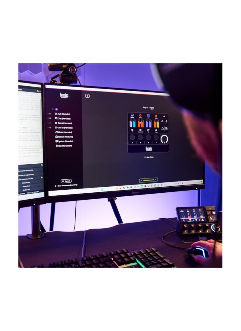 Hercules Stream 200 XLR، خلاط صوتي احترافي لمنشئي المحتوى المتقدمين، مع ميكروفون XLR مسبق التضخيم، وشاشة LCD، ومشفرات عالية الدقة، و4 أزرار عمل وواجهة قابلة للتخصيص، ومتوافق مع الكمبيوتر الشخصي  - Image 2