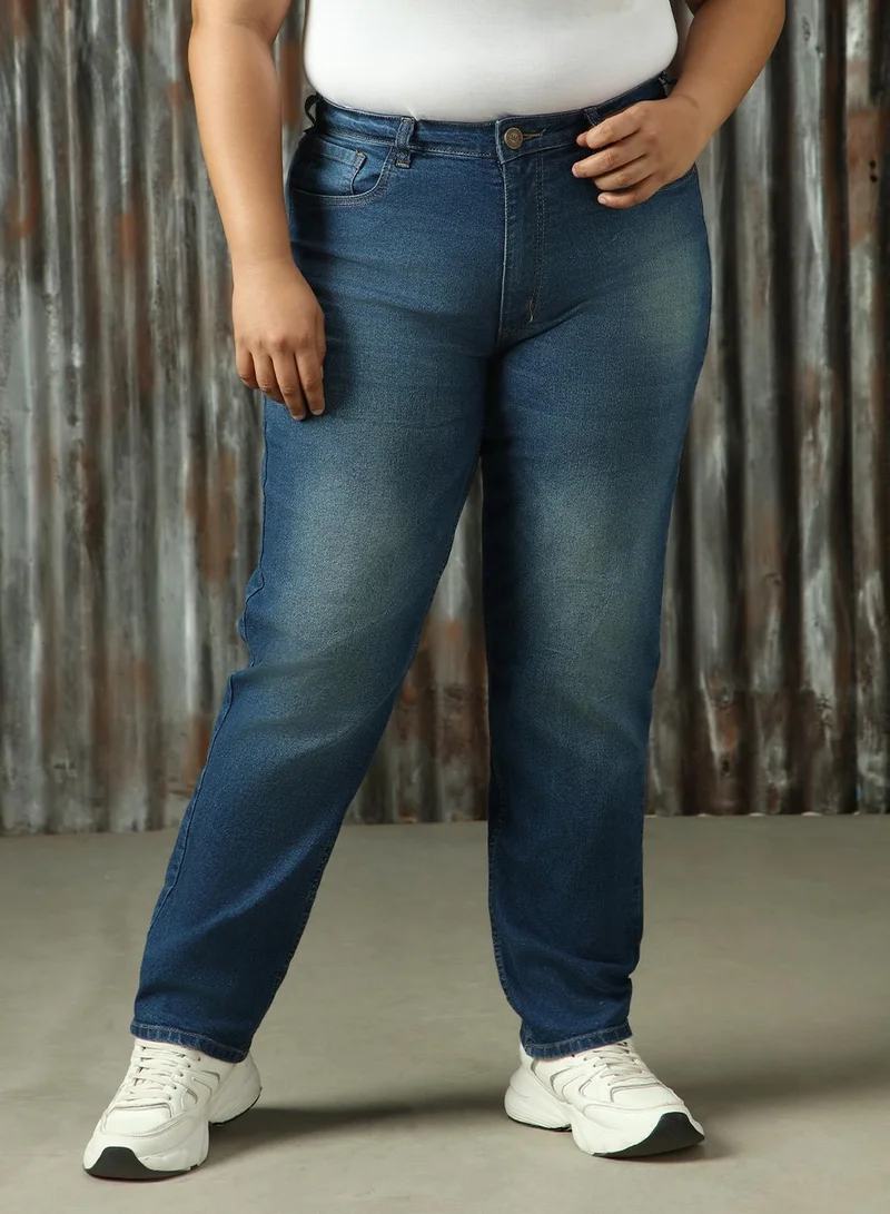 هاي ستار Women's Indigo Cotton Blend Distressed Plus Size Jeans