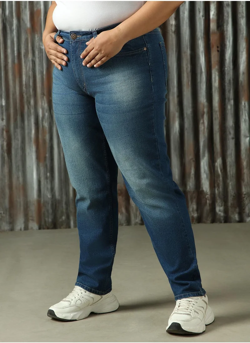 هاي ستار Women's Indigo Cotton Blend Distressed Plus Size Jeans
