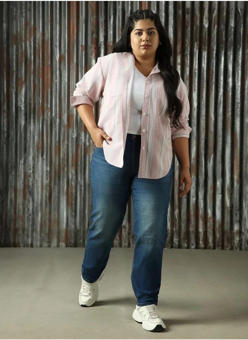 هاي ستار Women's Indigo Cotton Blend Distressed Plus Size Jeans