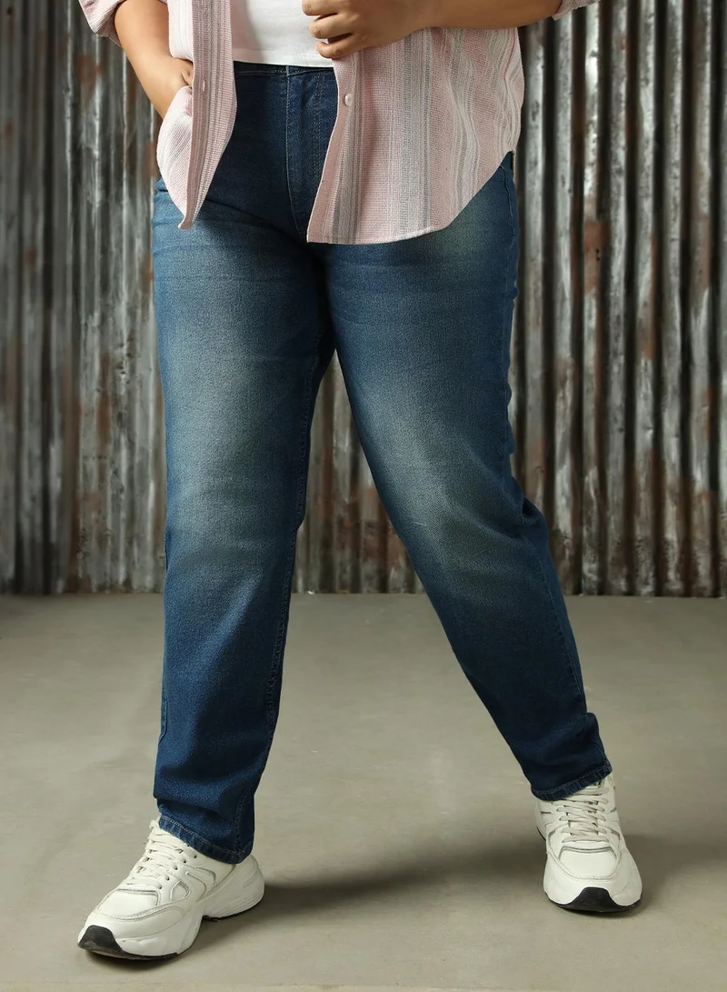 هاي ستار Women's Indigo Cotton Blend Distressed Plus Size Jeans