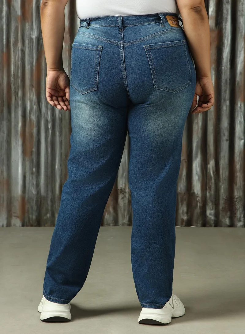 هاي ستار Women's Indigo Cotton Blend Distressed Plus Size Jeans