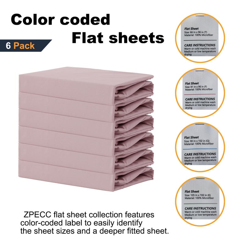 ZPECC Bulk Flat Sheets Only Full Size 6 Pack  Easy Sort Top Bed Sheet by Color-Coded Hem Threads  Soft Durable Brushed Microfiber Fabric Hotel Airb&bs Essentials for Hosts  81 ""x96 ""  Pink - Image 4