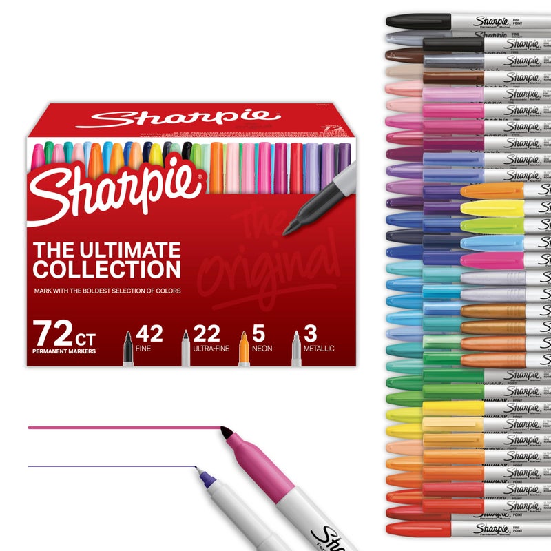 Sharpie مجموعة ماركر شاربى الدائمة النهائية، ماركرات ذات طرف رفيع وطرف عادي، رائعة للمعلمين ولوازم الفصول الدراسية، لوازم فنية، مجموعة ماركرات بالجملة، ألوان متنوعة، 72 قطعة - Image 1