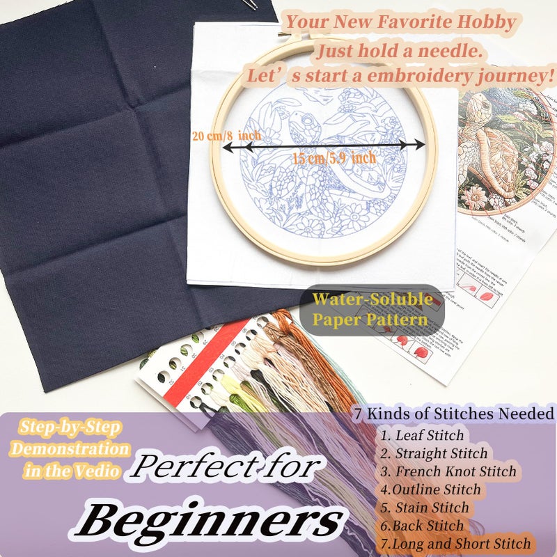 FONNUY Sea Turtle Floral Embroidery Kit, Cross Stitch Kits for Beginners, Handmade Crafts with Printed Patterns for Adults, Easy to Follow Color Thread Needlework, 8'' Hoop (Ocean Journeyer) - Image 5