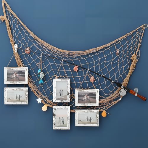ElectricWise Wood Fishing Pole Picture Frame with Fishing Net Decor, 17”Real Fishings Rod Design with Six 6” x 4” Frames, 78" x 39" Nature Fish Net &Farmhouse Pictures Frame Fish Gifts for Cabin Lake House Decor - Image 1