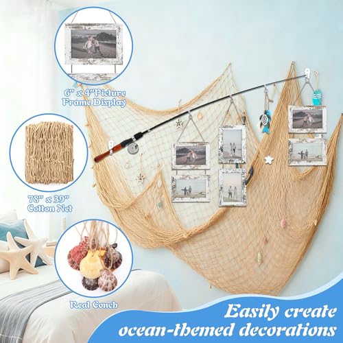 ElectricWise Wood Fishing Pole Picture Frame with Fishing Net Decor, 17”Real Fishings Rod Design with Six 6” x 4” Frames, 78" x 39" Nature Fish Net &Farmhouse Pictures Frame Fish Gifts for Cabin Lake House Decor - Image 2