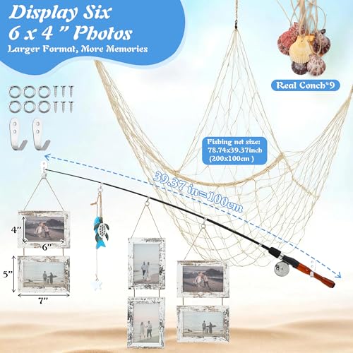 ElectricWise Wood Fishing Pole Picture Frame with Fishing Net Decor, 17”Real Fishings Rod Design with Six 6” x 4” Frames, 78" x 39" Nature Fish Net &Farmhouse Pictures Frame Fish Gifts for Cabin Lake House Decor - Image 3