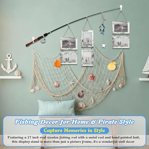 ElectricWise Wood Fishing Pole Picture Frame with Fishing Net Decor, 17”Real Fishings Rod Design with Six 6” x 4” Frames, 78" x 39" Nature Fish Net &Farmhouse Pictures Frame Fish Gifts for Cabin Lake House Decor - Image 4