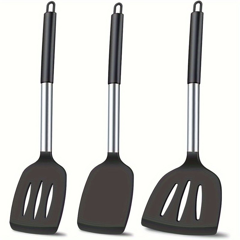 3 Piece Black Silicone Spatula Set Heat Resistant Nonstick Kitchen Cooking - Image 1