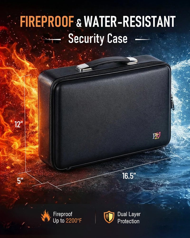 PZU Fireproof Document Box - Hard-Shell Design Waterproof & Fireproof Document Safe with Lock, Fire Box Safe for Documents, Laptops, Passports Ex.16.5 x 12 x 5 inches, Black - Image 2