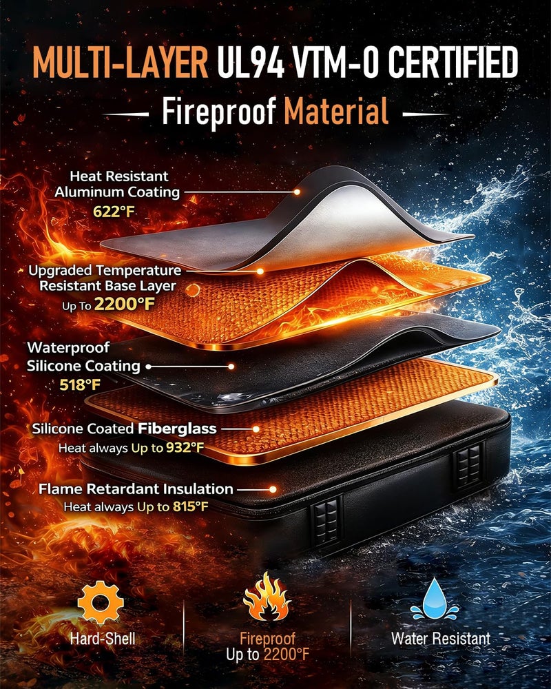 PZU Fireproof Document Box - Hard-Shell Design Waterproof & Fireproof Document Safe with Lock, Fire Box Safe for Documents, Laptops, Passports Ex.16.5 x 12 x 5 inches, Black - Image 3