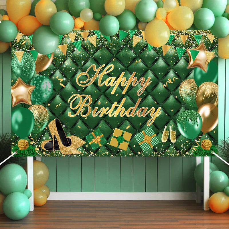 Avezano Green Happy Birthday Banner Gold Green Bokeh Balloons Happy Birthday Photography Background for Men Women Green Gold Birthday Party Decoration Banner 70.8 x 43.3 Inch - Image 2