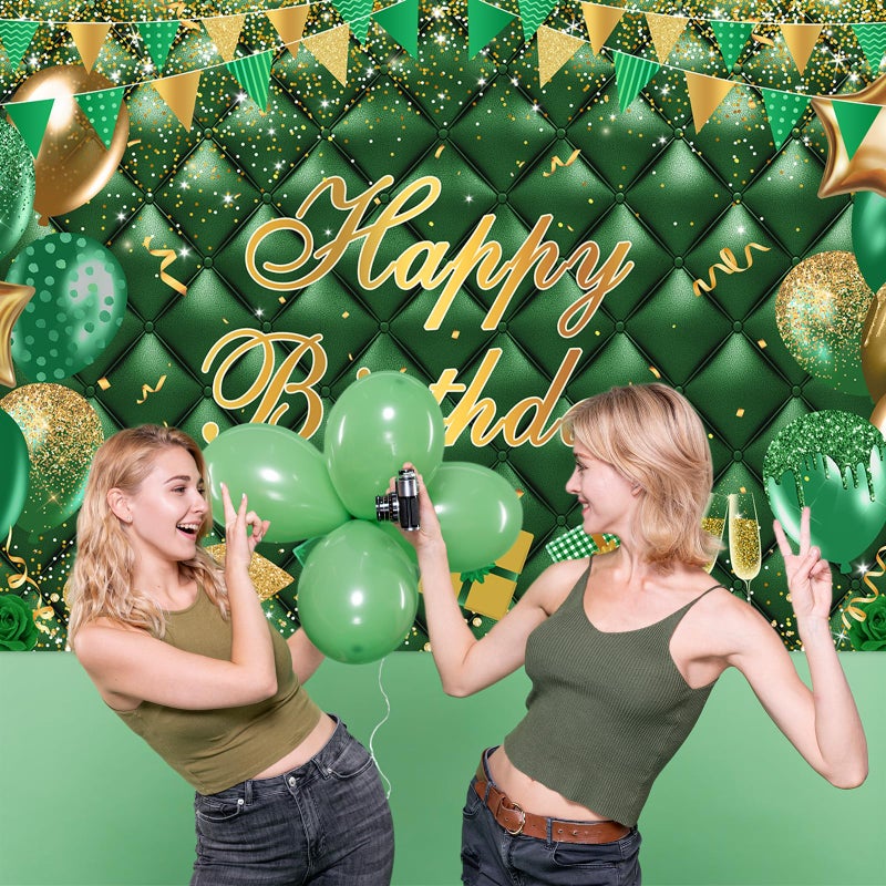 Avezano Green Happy Birthday Banner Gold Green Bokeh Balloons Happy Birthday Photography Background for Men Women Green Gold Birthday Party Decoration Banner 70.8 x 43.3 Inch - Image 5