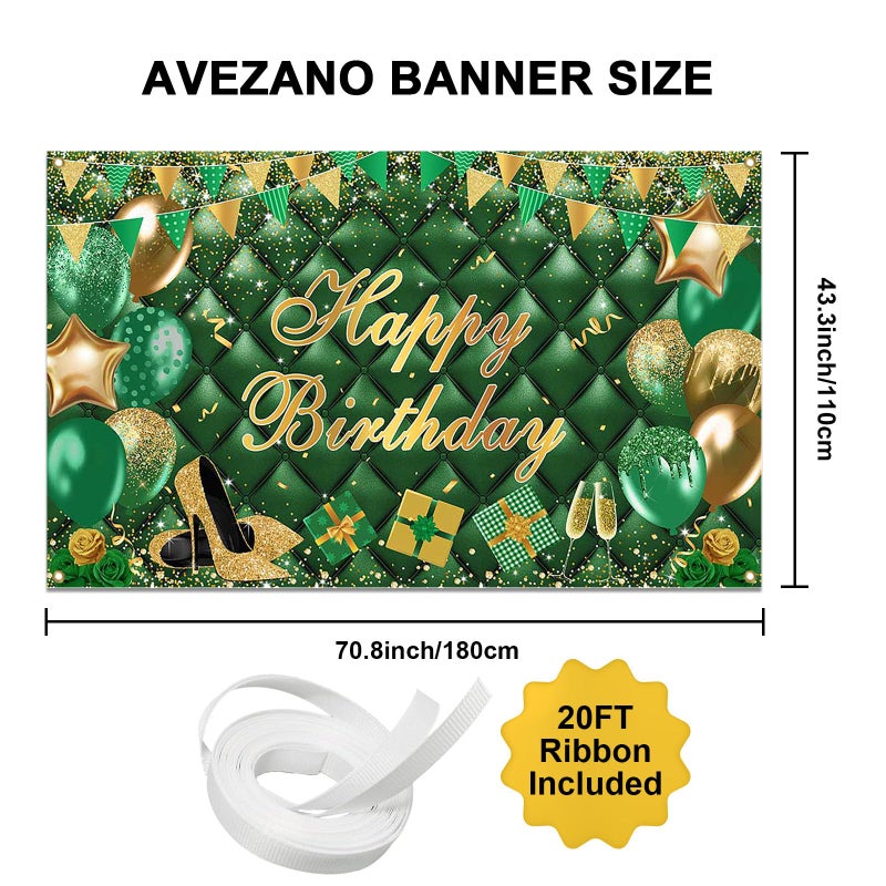 Avezano Green Happy Birthday Banner Gold Green Bokeh Balloons Happy Birthday Photography Background for Men Women Green Gold Birthday Party Decoration Banner 70.8 x 43.3 Inch - Image 3