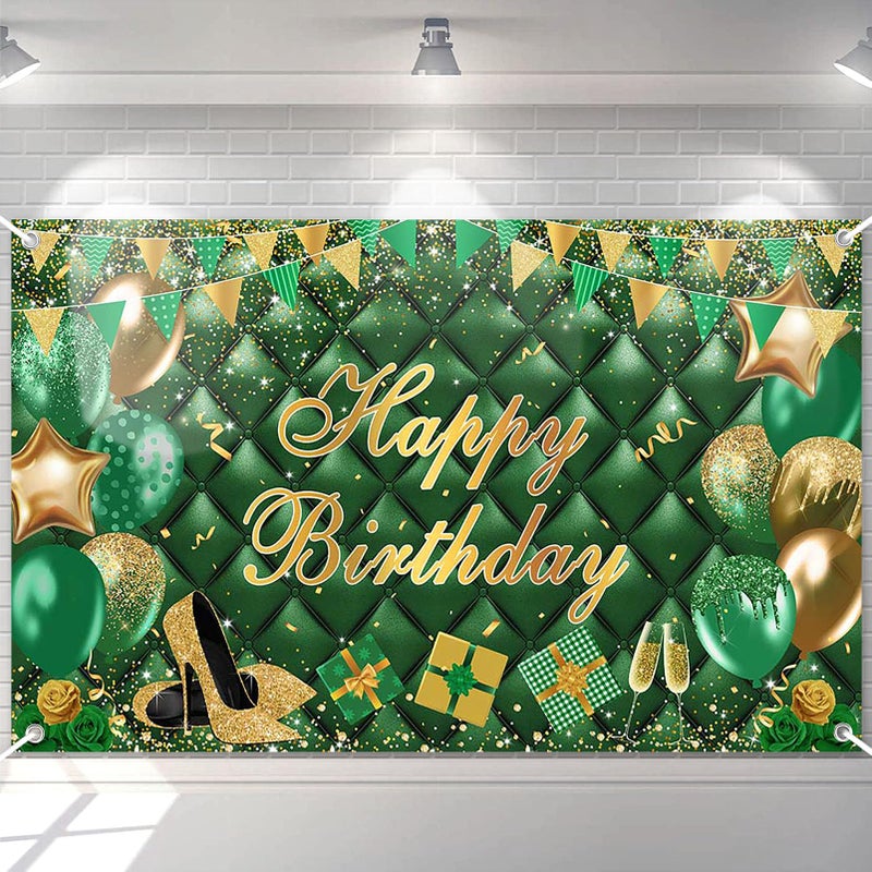 Avezano Green Happy Birthday Banner Gold Green Bokeh Balloons Happy Birthday Photography Background for Men Women Green Gold Birthday Party Decoration Banner 70.8 x 43.3 Inch - Image 1