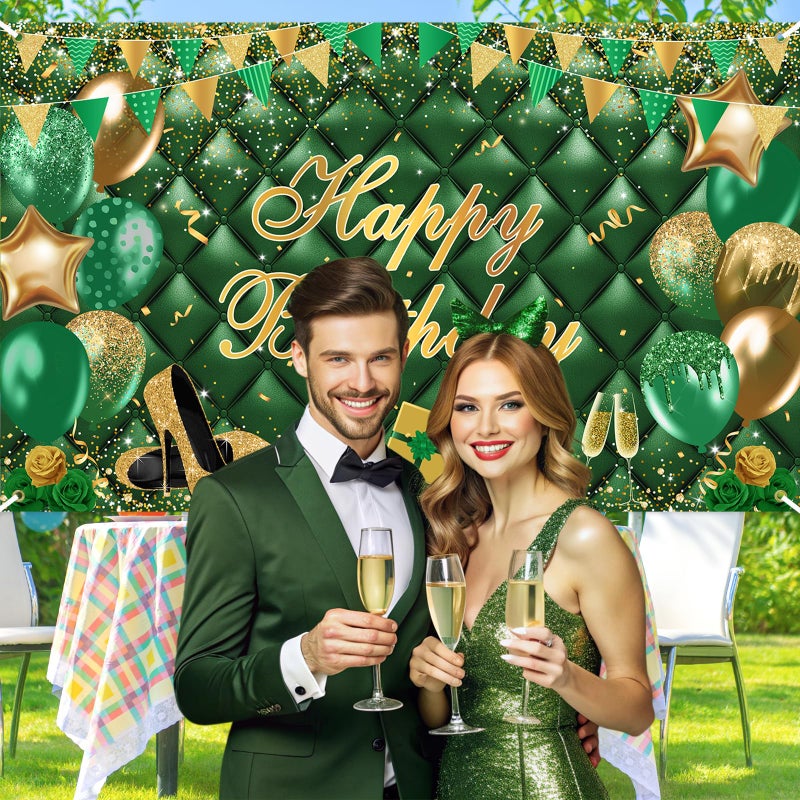Avezano Green Happy Birthday Banner Gold Green Bokeh Balloons Happy Birthday Photography Background for Men Women Green Gold Birthday Party Decoration Banner 70.8 x 43.3 Inch - Image 4