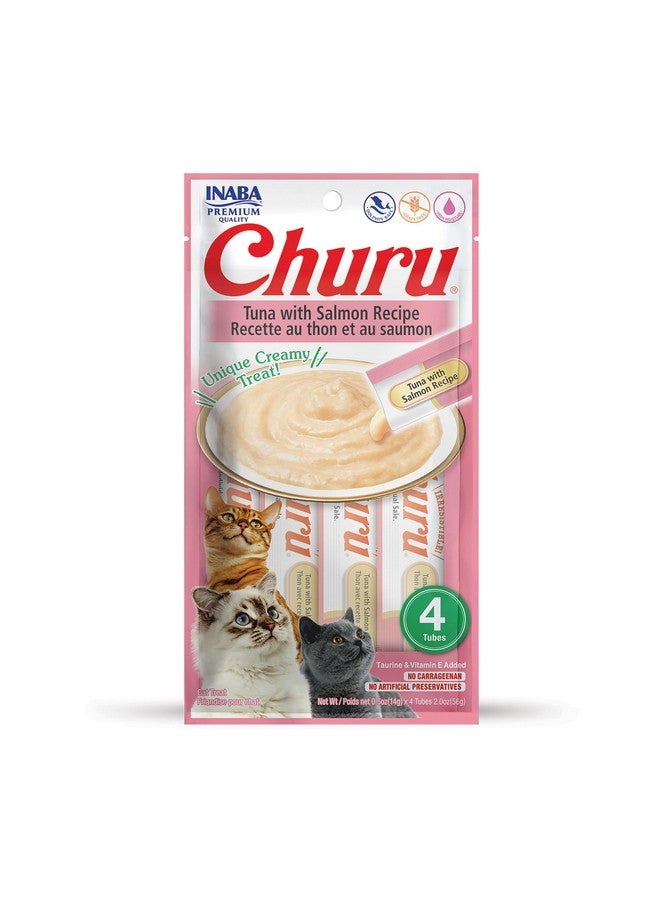 INABA Churu Cat Treats, Grain-Free, Lickable, Squeezable Creamy Purée Cat Treat/Topper with Vitamin E & Taurine, 0.5 Ounces Each Tube, 4 Tubes, Tuna with Salmon Recipe - Image 1