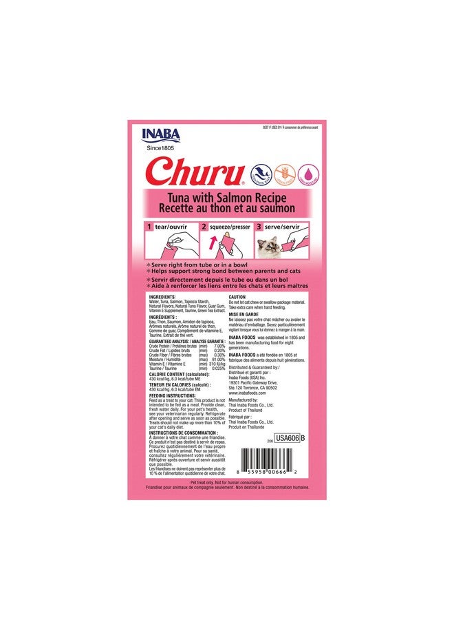 INABA Churu Cat Treats, Grain-Free, Lickable, Squeezable Creamy Purée Cat Treat/Topper with Vitamin E & Taurine, 0.5 Ounces Each Tube, 4 Tubes, Tuna with Salmon Recipe - Image 2