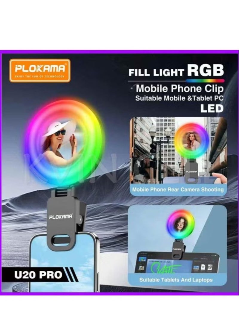 PLOKAMA U20 PRO Mini RGB Clip LED Ring Light with Mirror: Adjustable 180° Rotation, 3 Color Modes, 6 Brightness Levels, 300mAh Battery for Phones, Cameras, Tripods – Ideal for Vlogging, Selfies – Black - Image 3