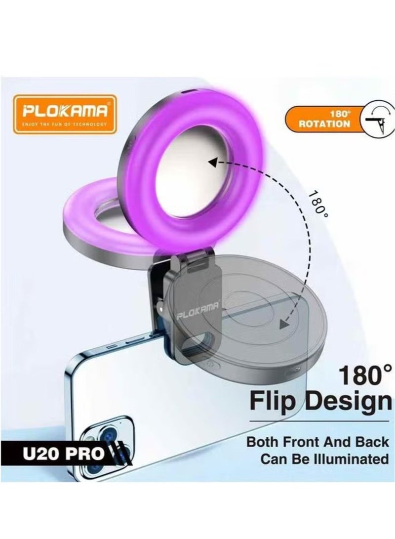 PLOKAMA U20 PRO Mini RGB Clip LED Ring Light with Mirror: Adjustable 180° Rotation, 3 Color Modes, 6 Brightness Levels, 300mAh Battery for Phones, Cameras, Tripods – Ideal for Vlogging, Selfies – Black - Image 4