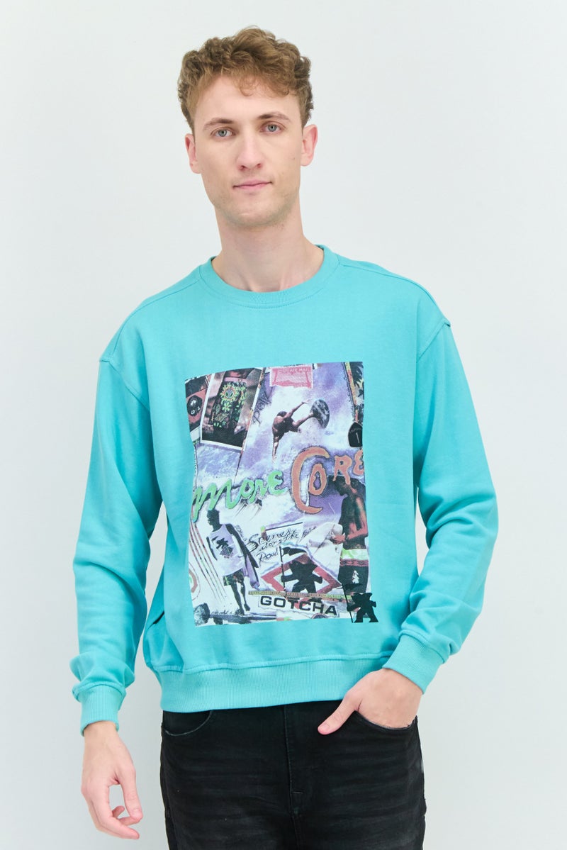 Goliath Men Crew Neck Long Sleeve Graphic Print Sweatshirt, Turquoise - Image 1
