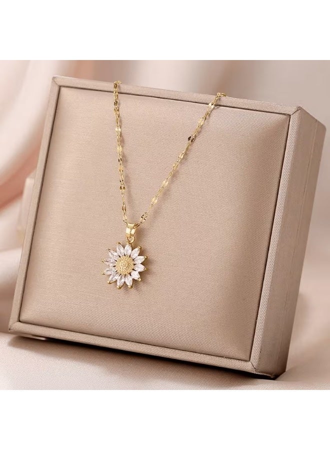 Goolsky [Golden Sunflower Necklace] Elegant 18K Golden Plated Stainless Steel Sunflower Pendant Necklace, with Synthetic Zirconia, for Women, Daily and Party Occasion Gifts - Image 3