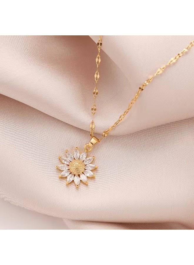 Goolsky [Golden Sunflower Necklace] Elegant 18K Golden Plated Stainless Steel Sunflower Pendant Necklace, with Synthetic Zirconia, for Women, Daily and Party Occasion Gifts - Image 1