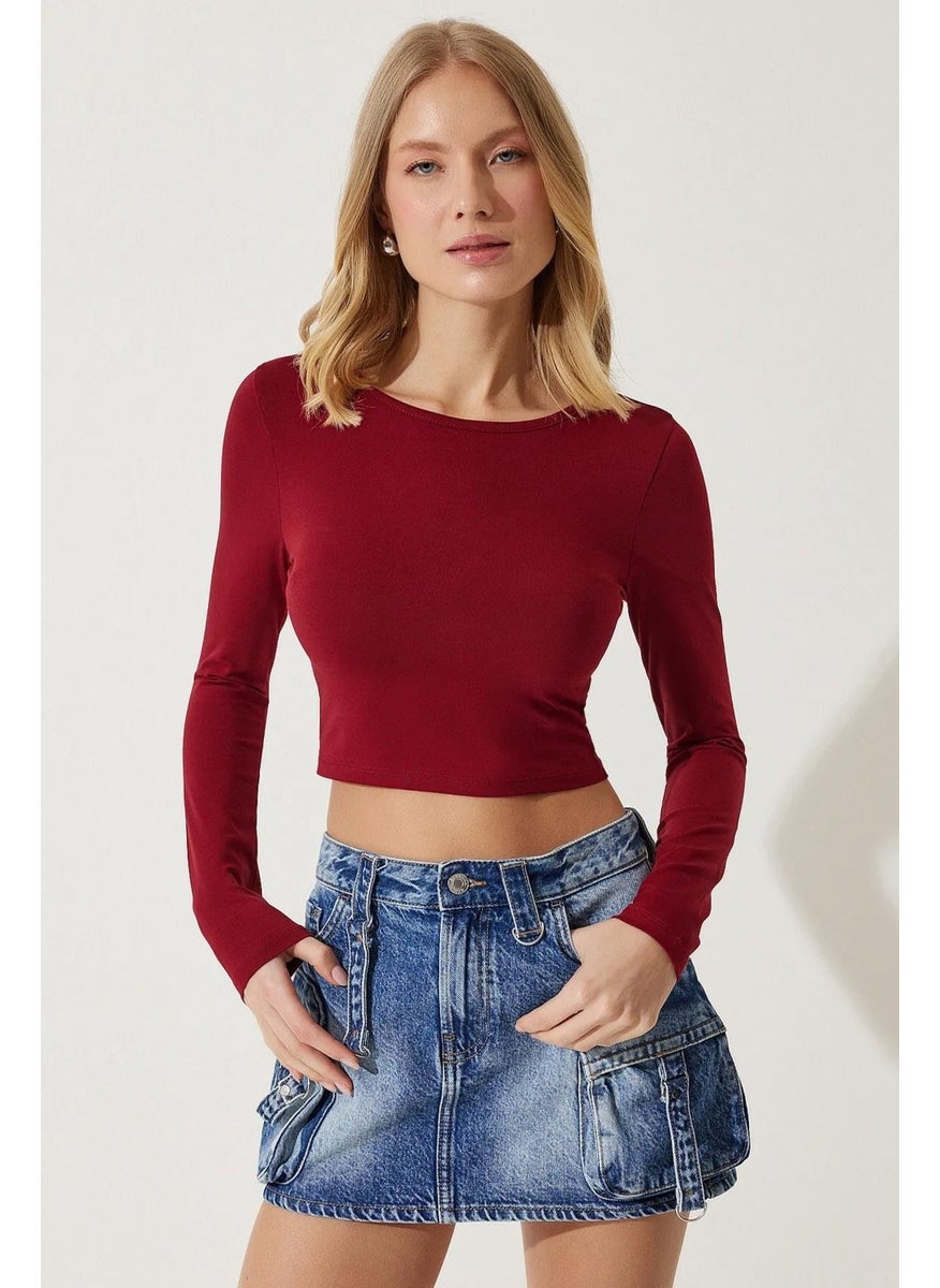 Tena - Women's Burgundy Long Sleeve Elastic Collar Crop Blouse - Image 1