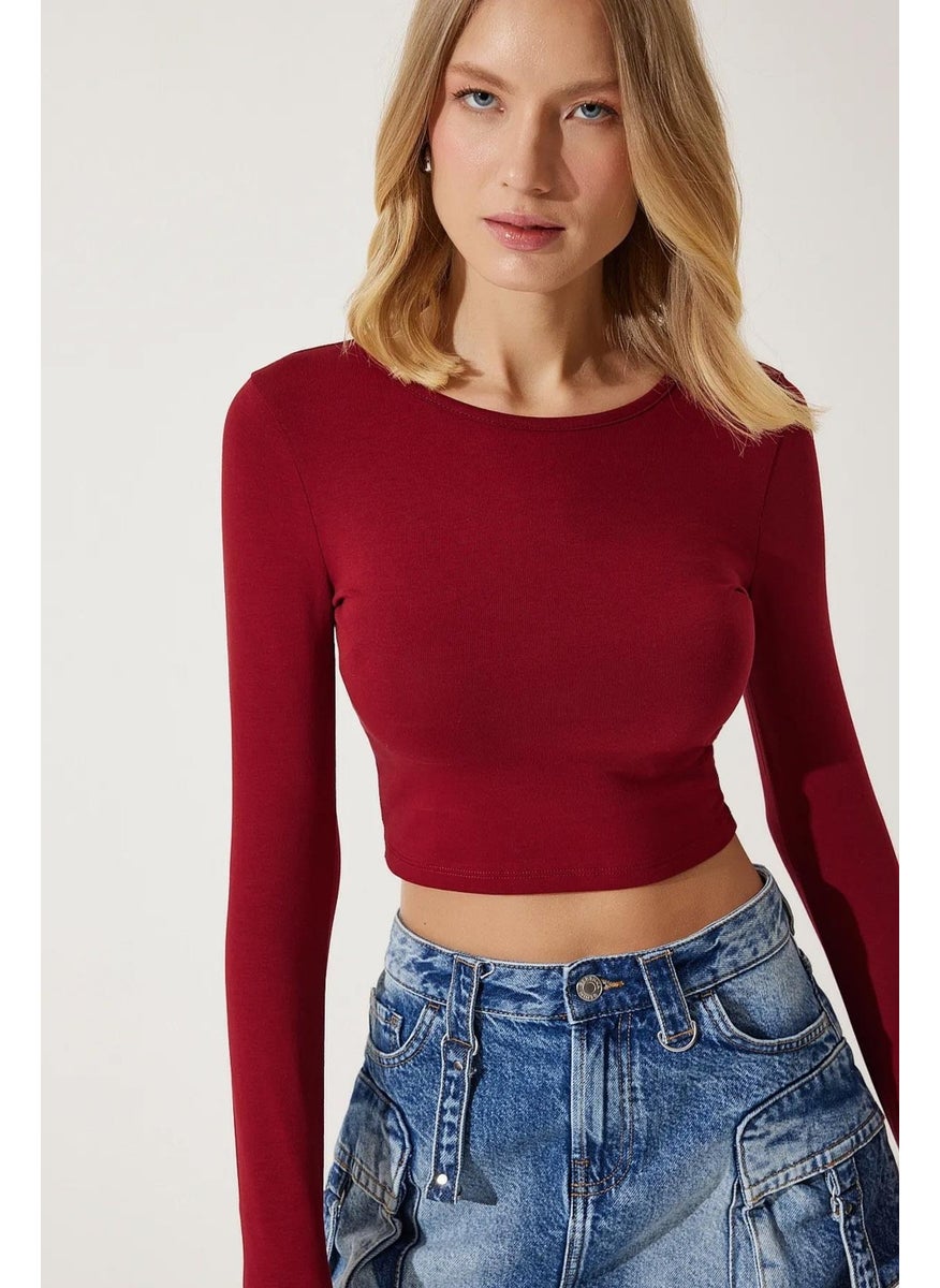 Tena - Women's Burgundy Long Sleeve Elastic Collar Crop Blouse - Image 1