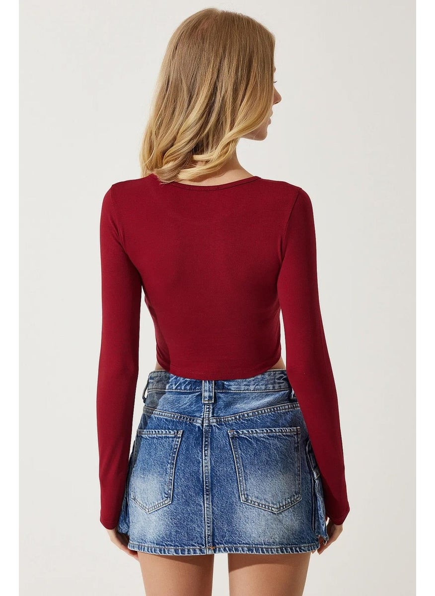 Tena - Women's Burgundy Long Sleeve Elastic Collar Crop Blouse - Image 1