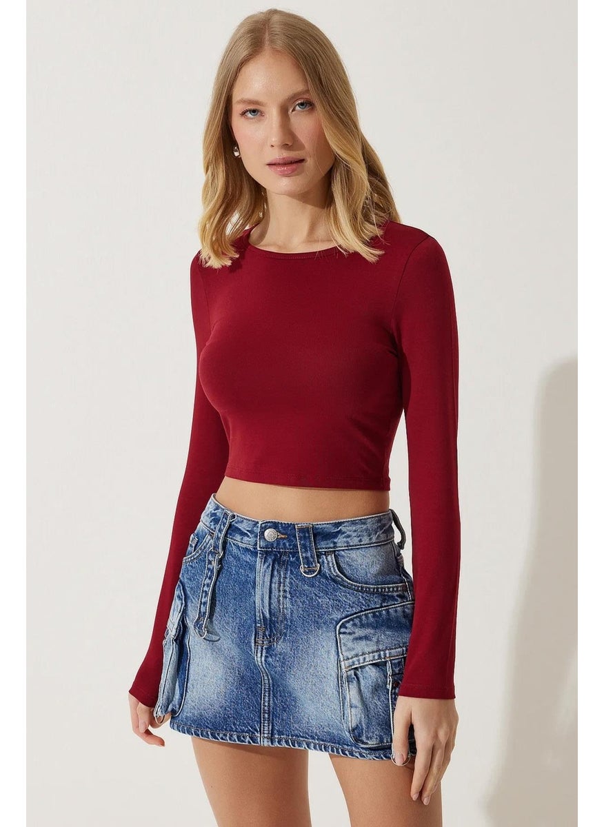 Tena - Women's Burgundy Long Sleeve Elastic Collar Crop Blouse - Image 1