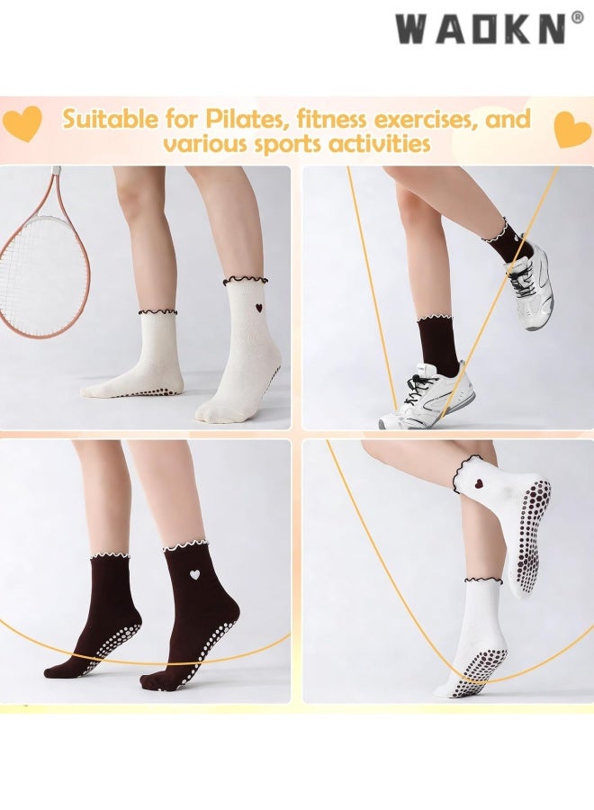 WAOKN 5 Pairs Women socks , Cute Pilates Grippy Socks Non-Slip Ruffle Yoga Socks Pilates Sock with Grips for Workout , soft and comfortable , Breathable, non slip, warm, sweat absorbing, odor proof , black ,white ,brown ,khaki and beige . - Image 2