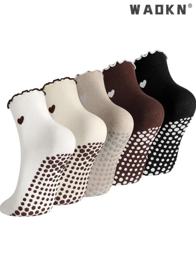 WAOKN 5 Pairs Women socks , Cute Pilates Grippy Socks Non-Slip Ruffle Yoga Socks Pilates Sock with Grips for Workout , soft and comfortable , Breathable, non slip, warm, sweat absorbing, odor proof , black ,white ,brown ,khaki and beige . - Image 1