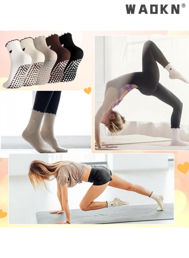 WAOKN 5 Pairs Women socks , Cute Pilates Grippy Socks Non-Slip Ruffle Yoga Socks Pilates Sock with Grips for Workout , soft and comfortable , Breathable, non slip, warm, sweat absorbing, odor proof , black ,white ,brown ,khaki and beige . - Image 4