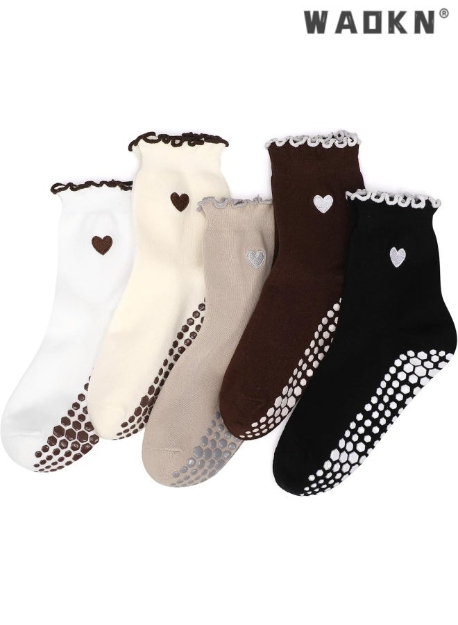 WAOKN 5 Pairs Women socks , Cute Pilates Grippy Socks Non-Slip Ruffle Yoga Socks Pilates Sock with Grips for Workout , soft and comfortable , Breathable, non slip, warm, sweat absorbing, odor proof , black ,white ,brown ,khaki and beige . - Image 3