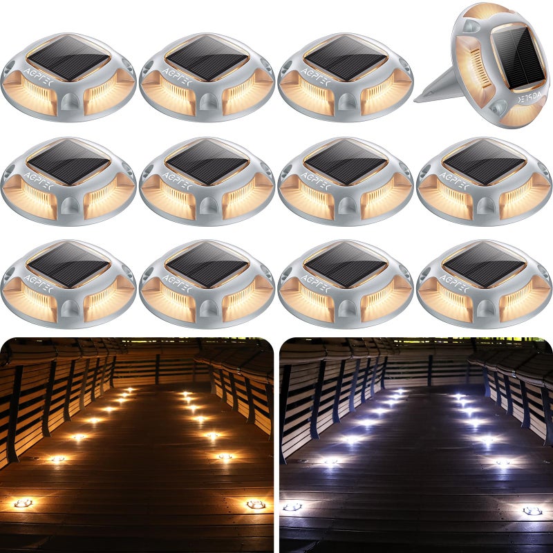 AGPTEK Solar Driveway Lights 12 Pack, 2 Colors in 1 Outdoor Solar Deck Dock Marine Waterproof LED Driveway Marker Security Lights for Outside Pathway,Boat Dock,Step,Walkway,Path,Garden (Warm & White) - Image 1