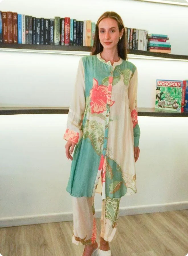 #Be Cream & Green Floral Printed Kurta Set