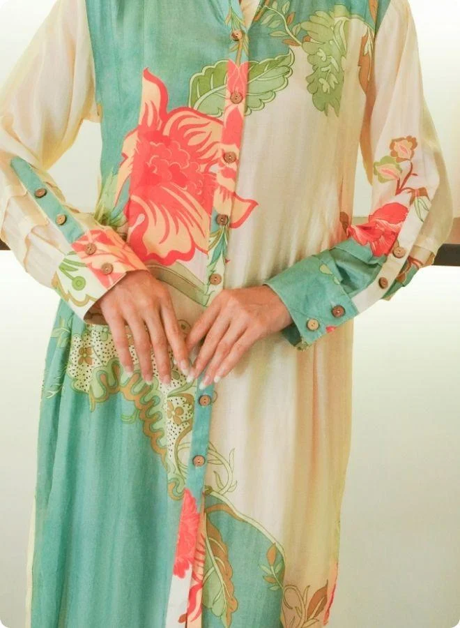 #Be Cream & Green Floral Printed Kurta Set