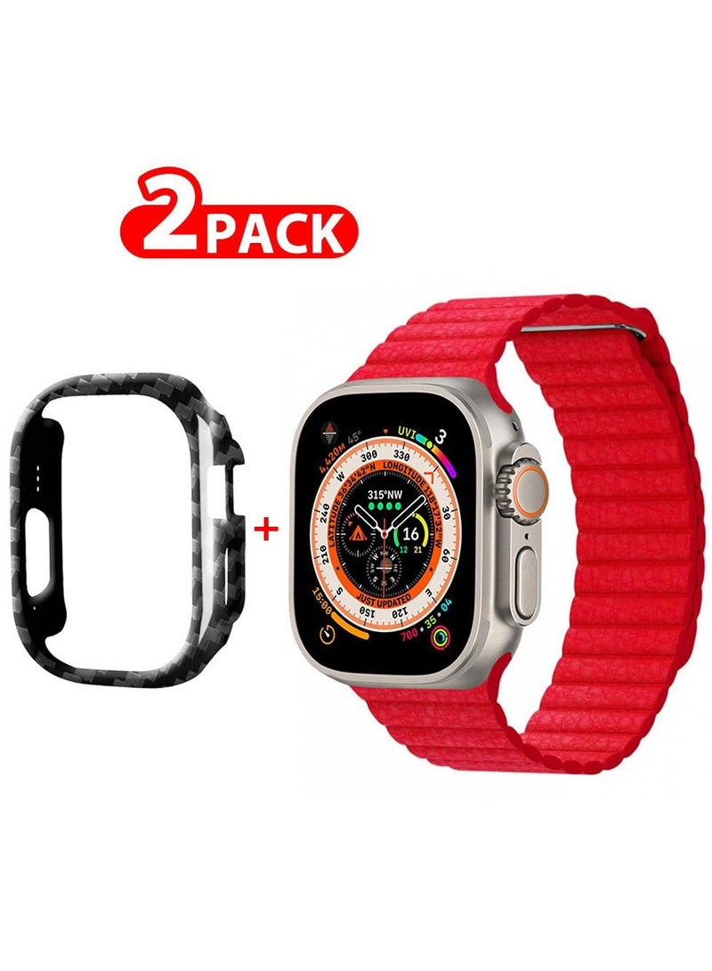 CATANES 2 Packs For Apple Watch Band 49mm Leather Loop Band Magnetic Watch Strap Wristband and Carbon Fiber Cup Holder Red - Image 1