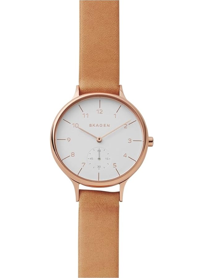 سكاجين ساعة أنيتا كوارتز كاجوال نسائية من الفولاذ المقاوم للصدأ والجلد باللون الذهبي الوردي والبني Skw2405 - Image 2